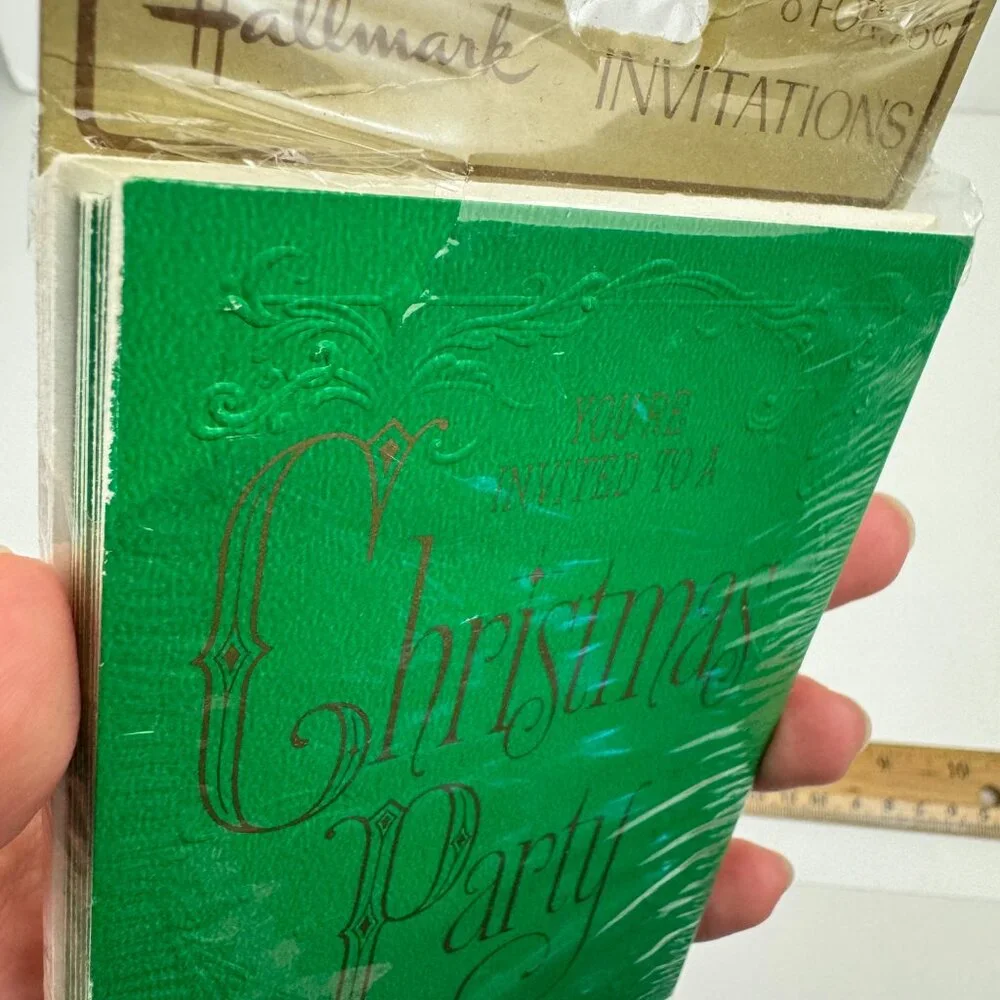 Vtg Retro Hallmark Christmas Party Invitation Green Gold Metallic Elegant‎ Font